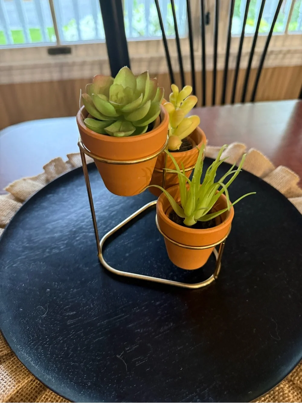 Terracotta Mini Succulent Trio with Gold Stand - Faux Green Plants